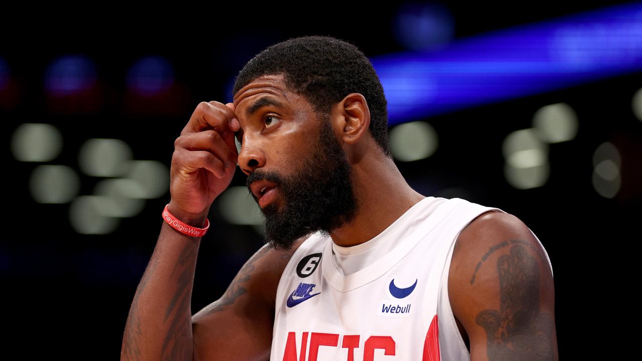 NEW YORK, NEW YORK - OCTOBER 29: Kyrie Irving #11 of the Brooklyn Nets reacts in the fourth quarter against the Indiana Pacers at Barclays Center on October 29, 2022 in the Brooklyn borough of New York City. The Indiana Pacers defeated the Brooklyn Nets 125-116. NOTE TO USER: User expressly acknowledges and agrees that, by downloading and or using this photograph, User is consenting to the terms and conditions of the Getty Images License Agreement. (Photo by Elsa/Getty Images)