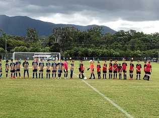 CONGRATULATIONS: Warwick boys Riley Butler, Hayden Gaske, Cooper March, Charlie McConville and Tanner Grant shaking hands after beating the Sunshine Coast in the Football Queensland Community Cup in Cairns. Picture: Tim Gaske