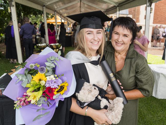 Bachelor of Business graduate Chloe McLean is congratulated by mum Linda McLean at a UniSQ graduation ceremony at Empire Theatres, Tuesday, February 13, 2024. Picture: Kevin Farmer