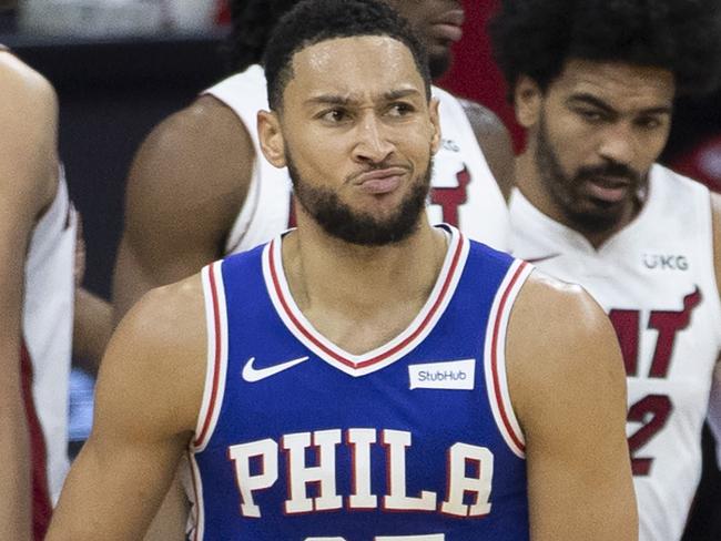 PHILADELPHIA, PA - JANUARY 12: Ben Simmons #25 of the Philadelphia 76ers reacts after fouling Tyler Herro #14 of the Miami Heat in the second quarter at the Wells Fargo Center on January 12, 2021 in Philadelphia, Pennsylvania. NOTE TO USER: User expressly acknowledges and agrees that, by downloading and or using this photograph, User is consenting to the terms and conditions of the Getty Images License Agreement.   Mitchell Leff/Getty Images/AFP == FOR NEWSPAPERS, INTERNET, TELCOS & TELEVISION USE ONLY ==