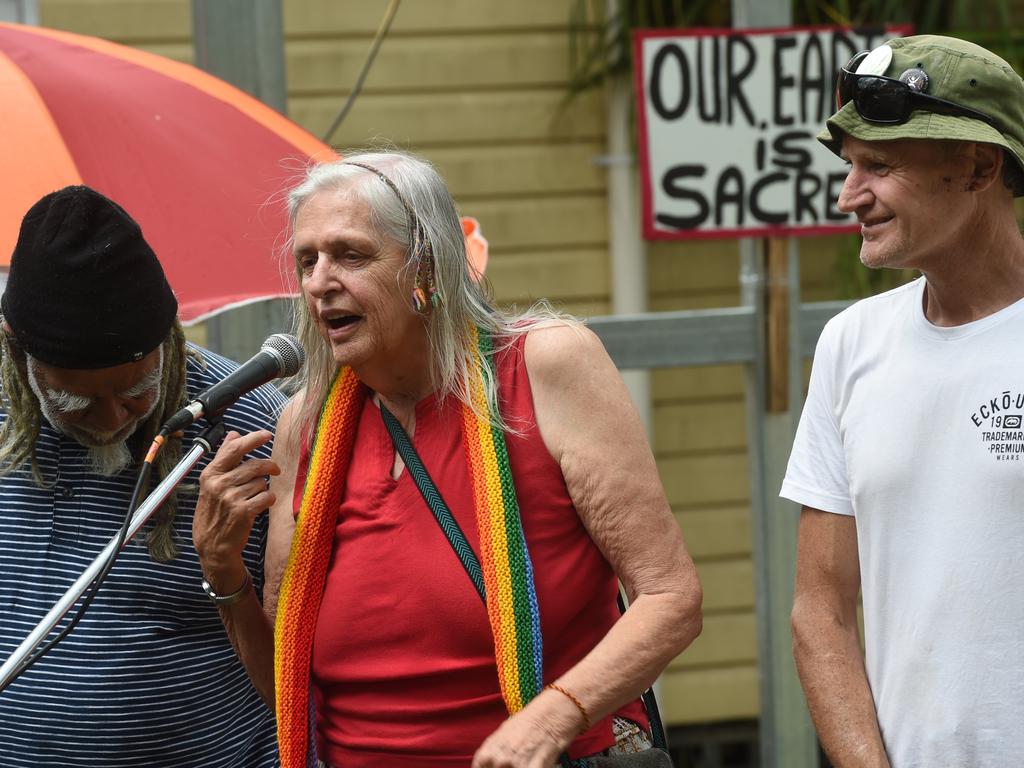 ORIGINAL Aquarians Katie Love Cawcutt and Elder Cecil Roberts with John Tozeland at a gathering to acknowledge the Bundjalung Nation in the 1973 Nimbin Aquarius Festival.