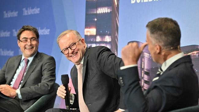 Penbo, Mr Albanese and Mr Malinauskas enjoy a lighthearted moment at the Future SA forum. Picture: Brenton Edwards