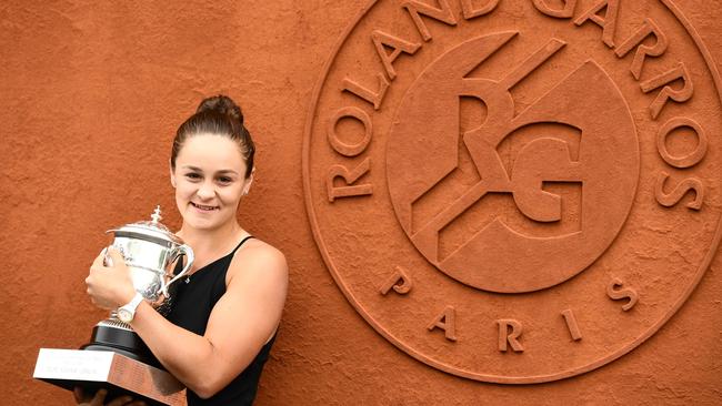 Ashleigh Barty with the Suzanne Lenglen Trophy after winning the French Open last year Picture: AFP