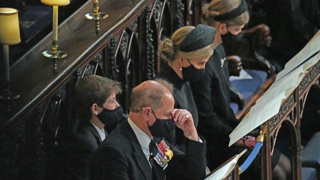 (L-R) James Viscount Severn, Prince Edward, Sophie, Countess of Wessex, and Lady Louise Windsor at the funeral. Picture: AFP