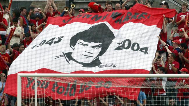 Football fans holding a Johnny Warren banner at Hindmarsh Stadium, Adelaide in 2005.005.