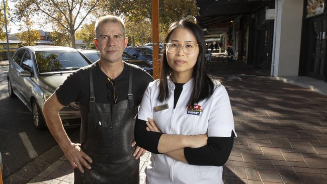 Hutt St traders, Richard Libralato from Ideal Shoe Repairs, and Clara Tran from Star Discount Chemist. Picture: Brett Hartwig