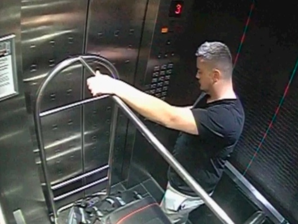 Jesse Kempson seen in a motel lift after he had strangled Grace Millane.