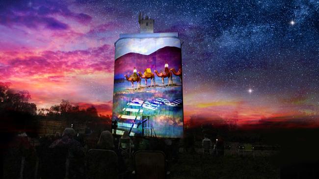 A visualisation of the new silo art at Quorn, being developed by Illuminart and Flinders Rangers Council. Picture: Cindi Drennan