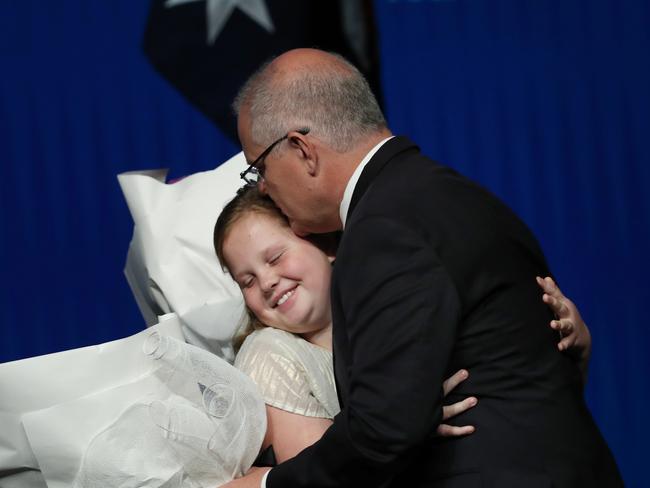 Scott Morrison, with daughter Lily, showed his softer side at the Liberal Party campaign launch. 