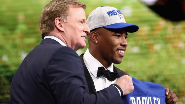 Saquon Barkley of Penn State poses with NFL Commissioner Roger Goodell after being picked #2 overall by the New York Giants. Picture: AFP.