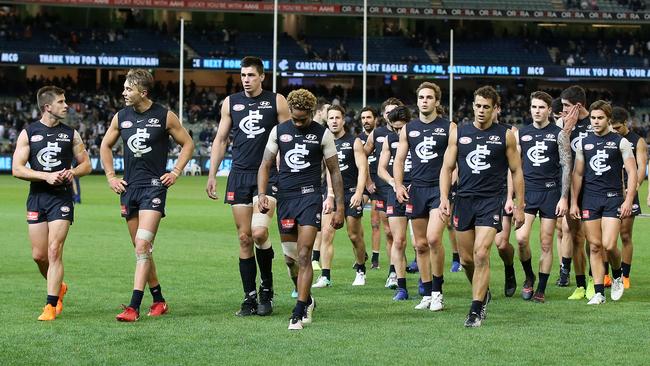 Disappointed Carlton players after the loss to Collingwood. Picture: Michael Klein