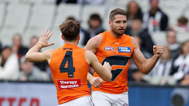 Jesse Hogan, pictured with Toby Greene, has hit form for the Giants. Picture: Getty Images