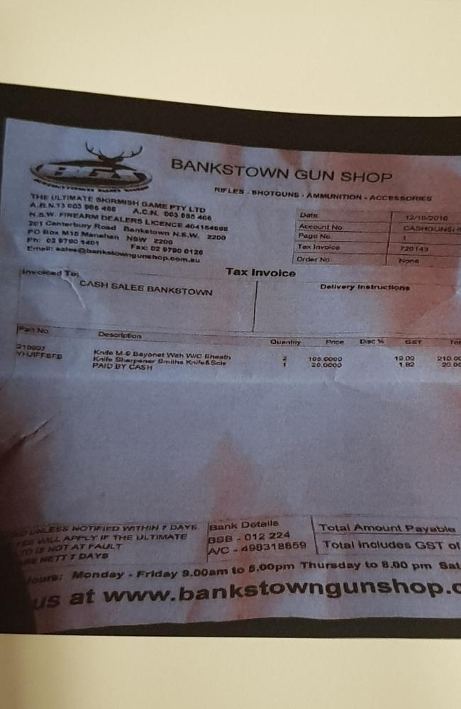 An invoice submitted to the court showing the purchase of two knives.