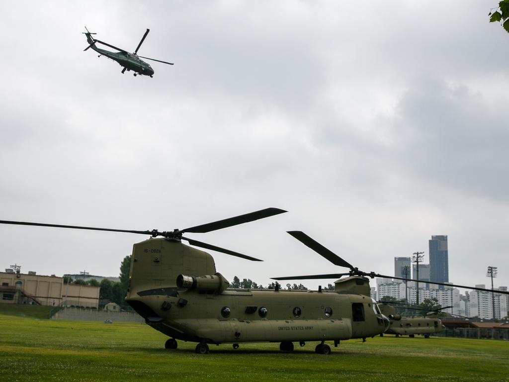 The Marine One helicopter carrying President Donald Trump to the demilitarised zone (DMZ) takes off from Seoul, South Korea. Picture: Jacquelyn Martin/AP