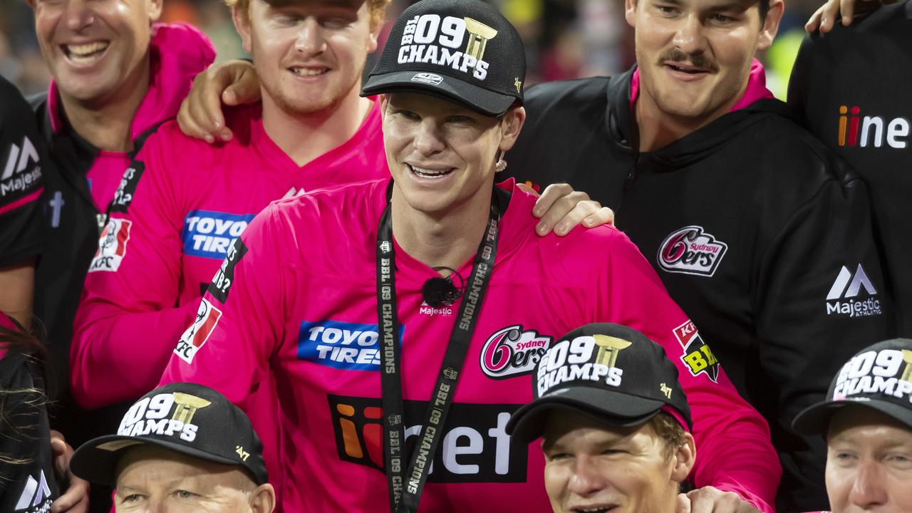 Steve Smith and the Sixers celebrate after winning the Big Bash League in 2020.