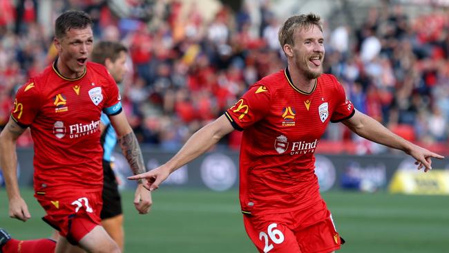 Ben Halloran celebrates scoring his second. Picture: AAP/Kelly Barnes