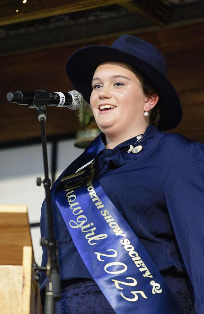 Brianna Gartner, representing Pittsworth, speaking at the Darling Downs Showgirl announcement at the People First Bank Toowoomba Royal Show, Saturday, March 29, 2025. Picture: Kevin Farmer