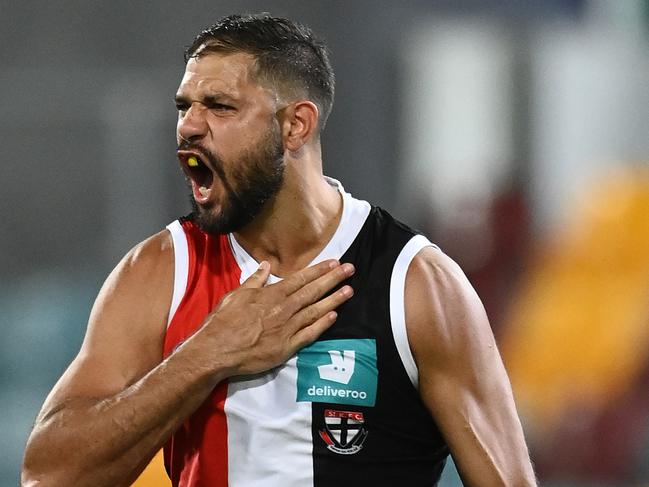 BRISBANE, AUSTRALIA - OCTOBER 03: Paddy Ryder of the Saints celebrates after scoring a goal during the AFL Second Elimination Final match between the St Kilda Saints and the Western Bulldogs at The Gabba on October 03, 2020 in Brisbane, Australia.  (Photo by Quinn Rooney/Getty Images)