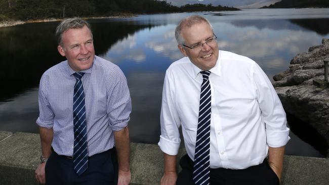 Premier Will Hodgman and Prime Minister Scott Morrison at Lake Plimsoll on the state’s West Coast. Picture: CHRIS KIDD