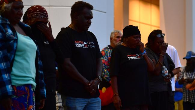 Warlpiri community leaders stood outside the NT Parliament on Wednesday during a vigil for Kumanjayi White, a 24-year-old Yuendumu man with a disability who died after being restrained by police in the Alice Springs Coles. Picture: Zizi Averill