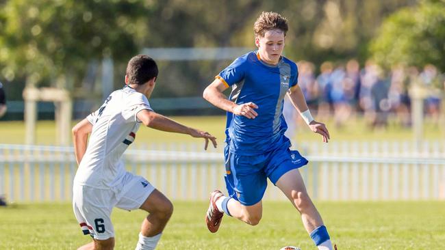 Levi Collins. GPS First XI football action from a round 8 spectacle between hosts Churchie and visitors TSS.