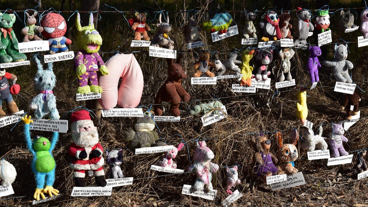 More than 1000 stuffed toys currently line the Brassall fence and are expected to be pulled down by Ipswich City Council in the next week. Picture: Jessica Baker