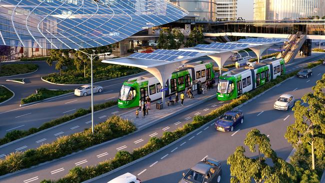 Renders of the proposed trackless tram route to Rowville Chadstone Station.