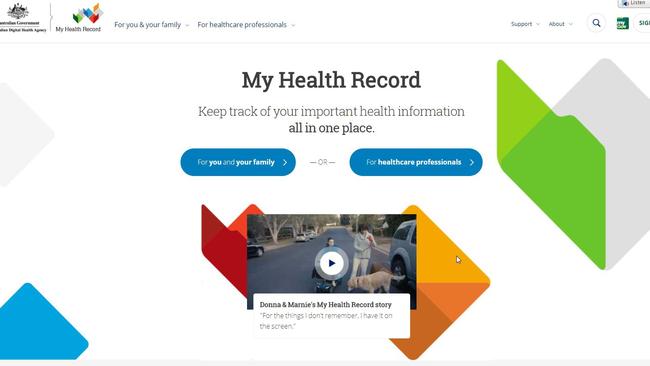 The My Health Record government website. Picture: Supplied