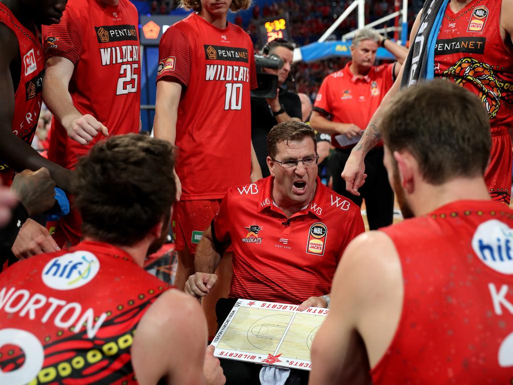 Trevor Gleeson talks to his team during the Round 18 NBL match between the Perth Wildcats and Sydney Kings at RAC Arena in 2020. Picture: AAP Image/Richard Wainwright.