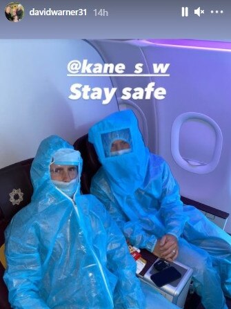 Kane Williamson and David Warner donned hazmat suits to protect them from COVID-19 while in India. Picture: Instagram