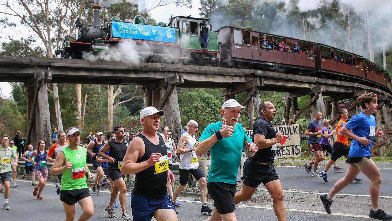 Puffing Billy crosses the Monbulk Creek Trestle Bridge near Belgrave as runners pass underneath during the 37th annual Great Train Race. Picture: Ian Currie