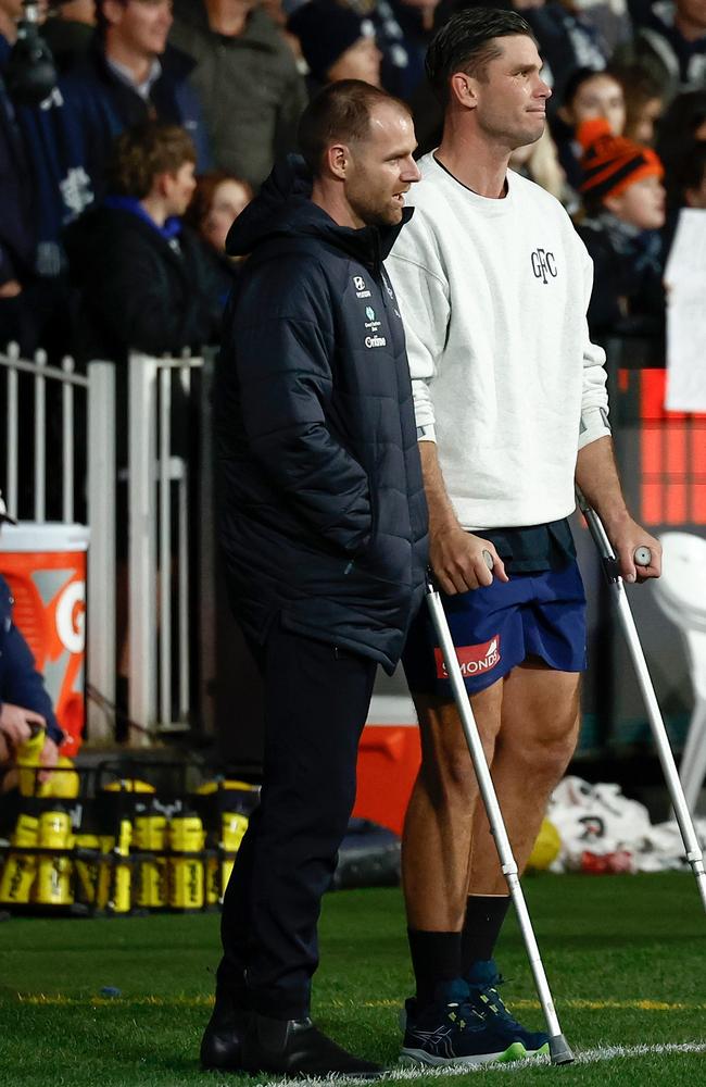 Voss played down reports Sam Docherty (left) could launch an unlikely comeback later this season after rupturing his ACL in the opening round. Picture: Michael Willson / Getty Images