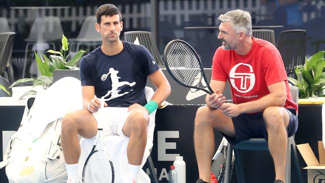 Novak Djokovic with his coach Goran Ivanisevic during a practice session in Adelaide. Picture: Getty Images.