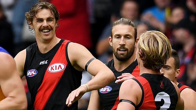 Joe Daniher celebrates during Essendon’s win over West Coast. (AAP Image/Tracey Nearmy)