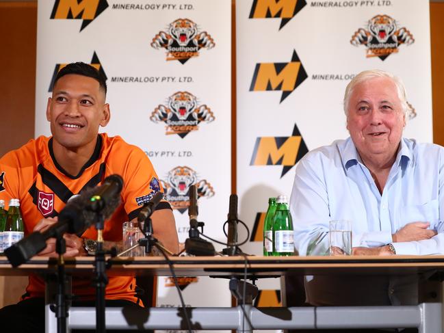 BRISBANE, AUSTRALIA - MAY 21: Israel Folau and Clive Palmer speak to the media during a press conference at the Hilton Hotel on May 21, 2021 in Brisbane, Australia. (Photo by Chris Hyde/Getty Images)