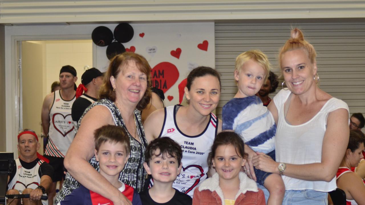 Rower Stacey Adcock with (left) Sheryll Quagliata, Stacey's two sons Raylan and Logan Adcock and Jacinta Goddard holding Cobain Adcock and (front right) Remmie Schultz at the 2020 Laurie's Love Row for a Cure.