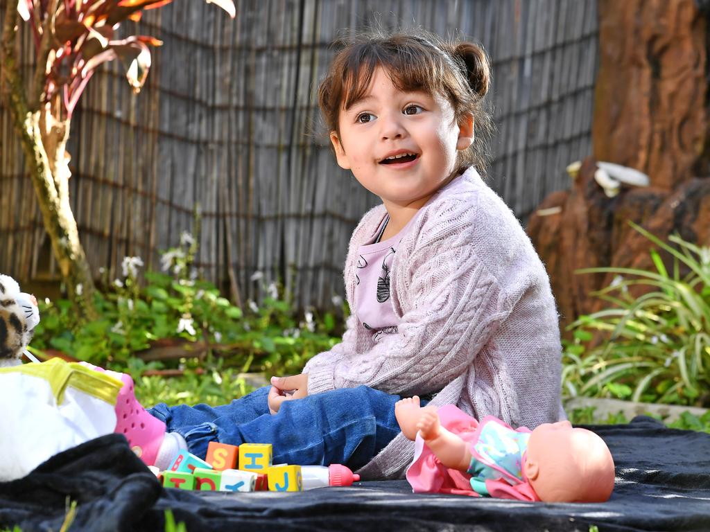 Adelynn, the daughter of missing Whitsunday mum Tahnee Shanks, is with family in Brisbane on the one-month anniversary of her parents’ disappearance. Picture: John Gass