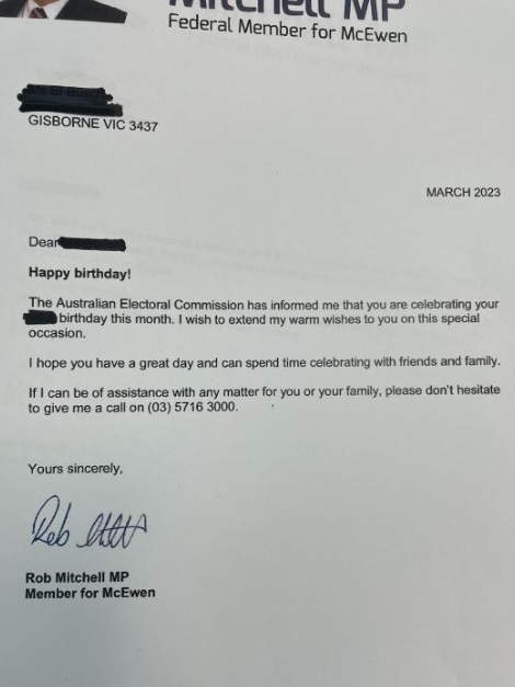 Rob Mitchell’s birthday letter to a McEwen constituent. Picture: Supplied