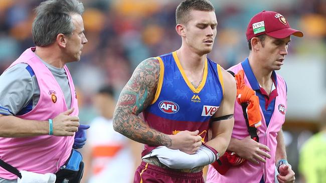 Dayne Beams’ day ended early courtesy of a Shane Mumford hip and shoulder.