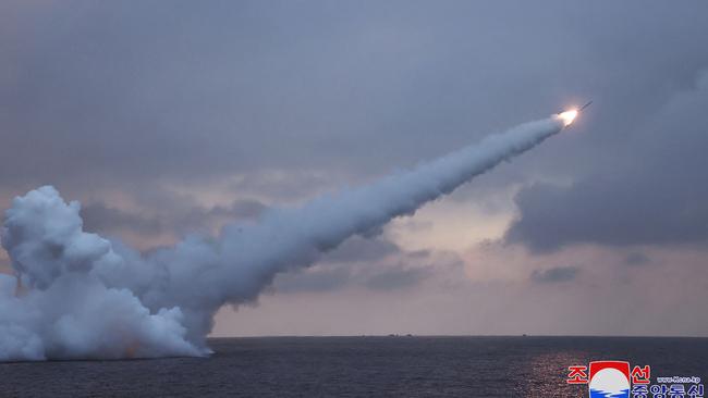 A cruise missile is fired from a North Korean submarine. Picture: KCNA via AFp