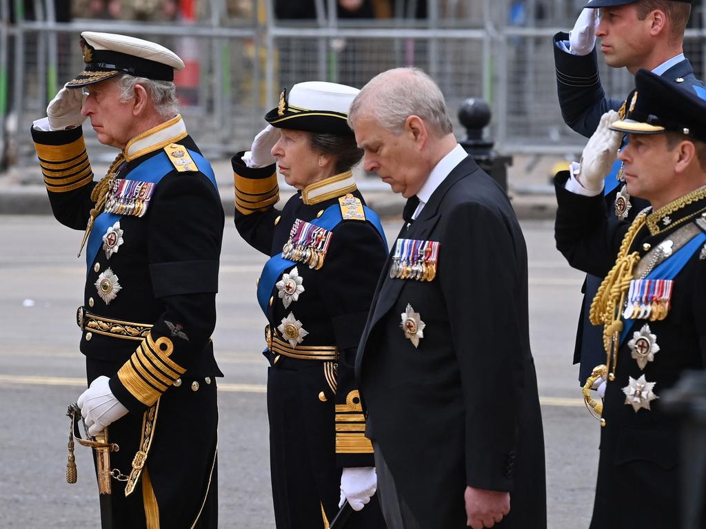 King Charles, Princess Anne, Prince Andrew, Prince William and Prince Edward, Earl of Wessex at the Queen’s funeral, with Andrew stripped of his military attire. Picture: Geoff Pugh/pool/AFP