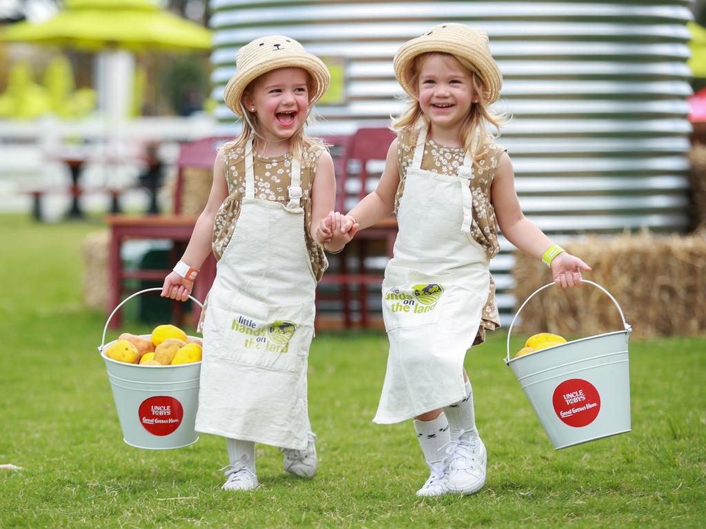 Imogen and Aurora Tonkin, 2, from Ryde, enjoying Little Hands on the Land, on the first day of The Royal Easter Show, today. Picture:Justin Lloyd