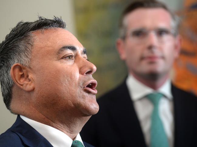 SYDNEY, AUSTRALIA - NewsWire Photos MARCH 17, 2021.NSW Deputy Premier John Barilaro and Treasurer Dominic Perrottet mark the further easing of COVID-19 restrictions for indoor venues, pubs and clubs during St Patricks Day celebrations at The Mercantile Hotel in Sydney.Picture: NCA NewsWire / Jeremy Piper