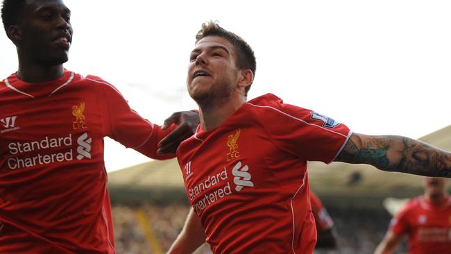 Liverpool's Spanish defender Alberto Moreno celebrates his second-half goal.