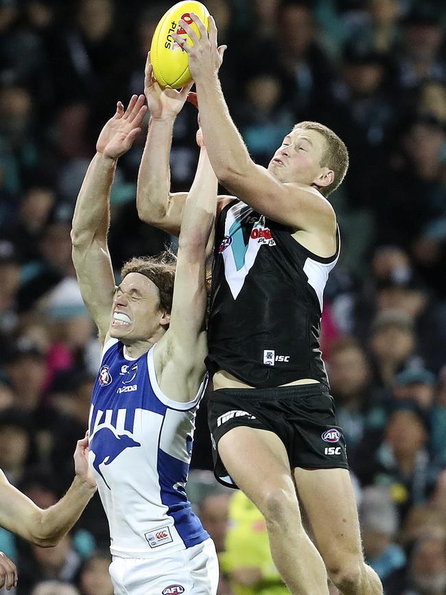 Clurey marks over star North Melbourne forward Ben Brown. Picture SARAH REED