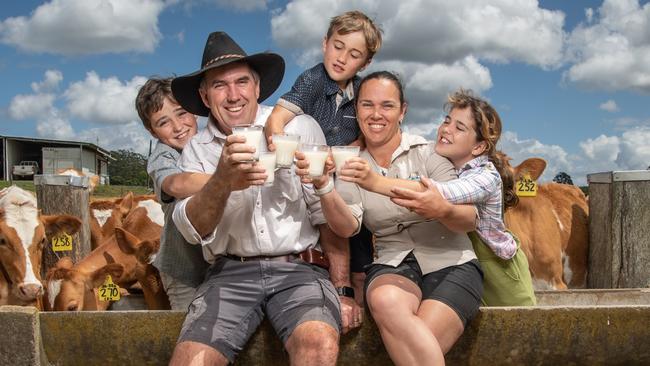 Maleny Dairy owner Ross Hopper with wife Sally and kids Rescue 12, Ruckus 9 and Cheeky 11. Picture: Brad Fleet