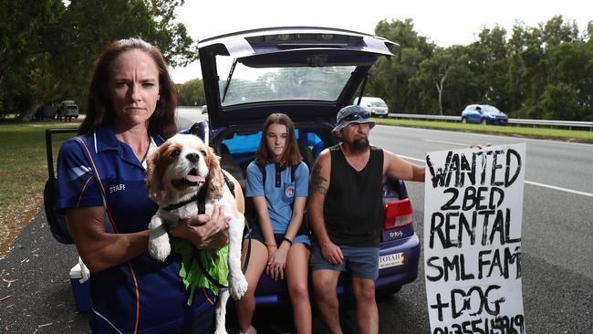 In 2021 Lee Maynard, her partner Tommy Vucetic and their daughter Claudia Vucetic, 13, have found themselves homeless with their dog Sparticus after they moved out from their rental of seven years and their landlord refused to give them a reference. Picture: Brendan Radke