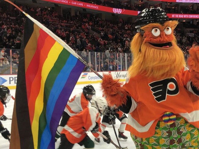 The Philadelphia Flyers' mascot, Gritty, is known for their presence at Pride events around the city.