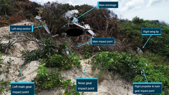 Impact points of the Cessna 404 that crashed into sand dunes in the Lockhart River, killing all five men on board. Picture: ATSB