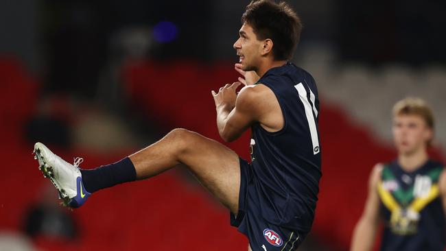 Norwood’s Orlando Turner kicks for goal while representing the AFL Academy against Carlton’s VFL team at Marvel Stadium. Picture: Michael Klein